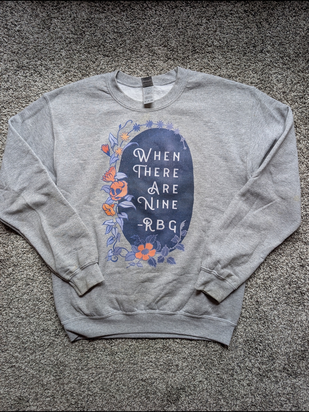 Gildan Gray Crewneck Sweatshirt with Navy and Orange Floral Graphic